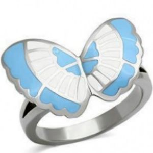 Stainless Steel Butterfly Cocktail Ring Blue Enamel White Size 6 8 10